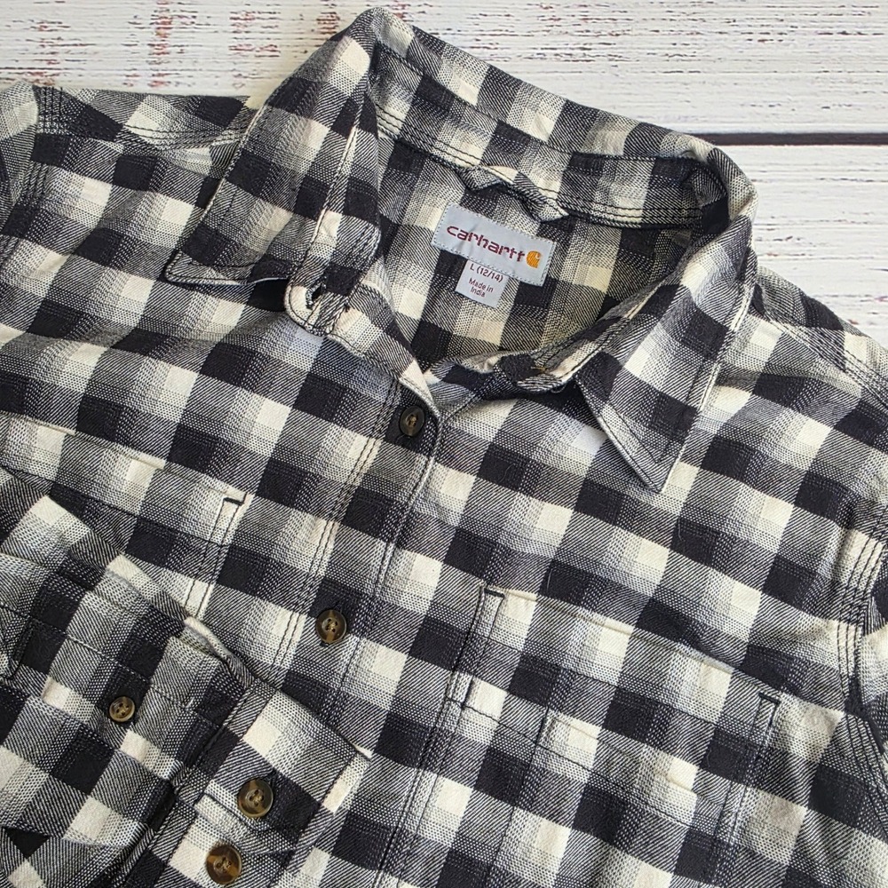 Carhartt Womens Large Rugged Flex Hamilton Black White Plaid Flannel Button Down